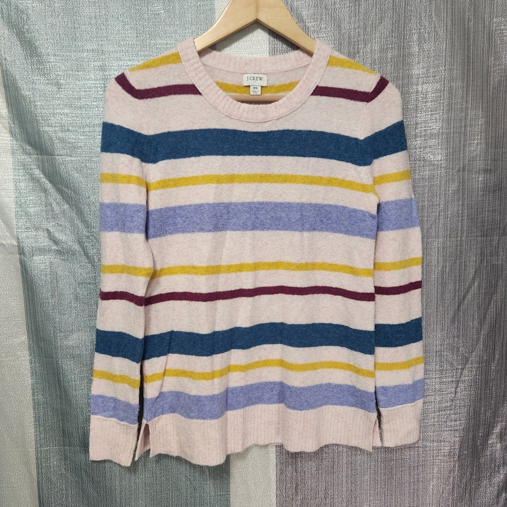 J.Crew Preppy Multi Color Striped Crewneck Sweater Pink Pastel Cozy Knit XS